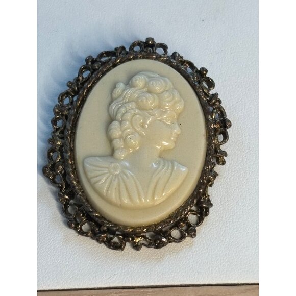 Vintage Cameo Brooch Pin With Detailed Woman Portrait In Ornate Metal Frame - Picture 1 of 9